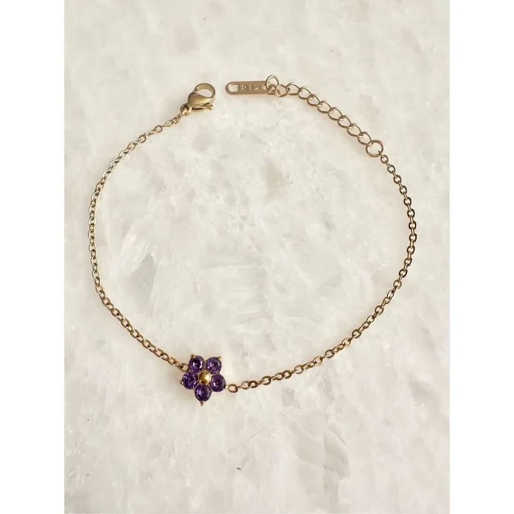 Delicate purple cubic zirconia flower chain bracelet